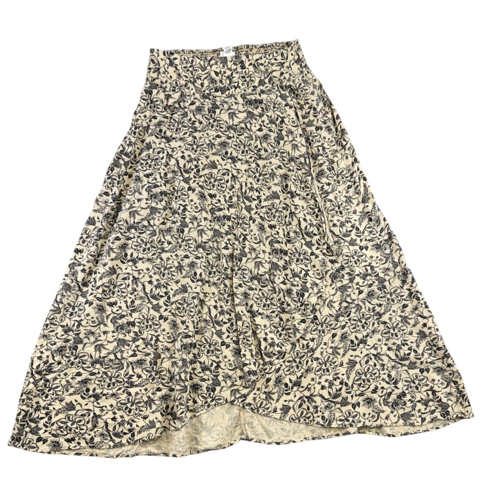 Japna Womens Floral Smocked Back High Low Tulip Midi Skirt Cream Black Large